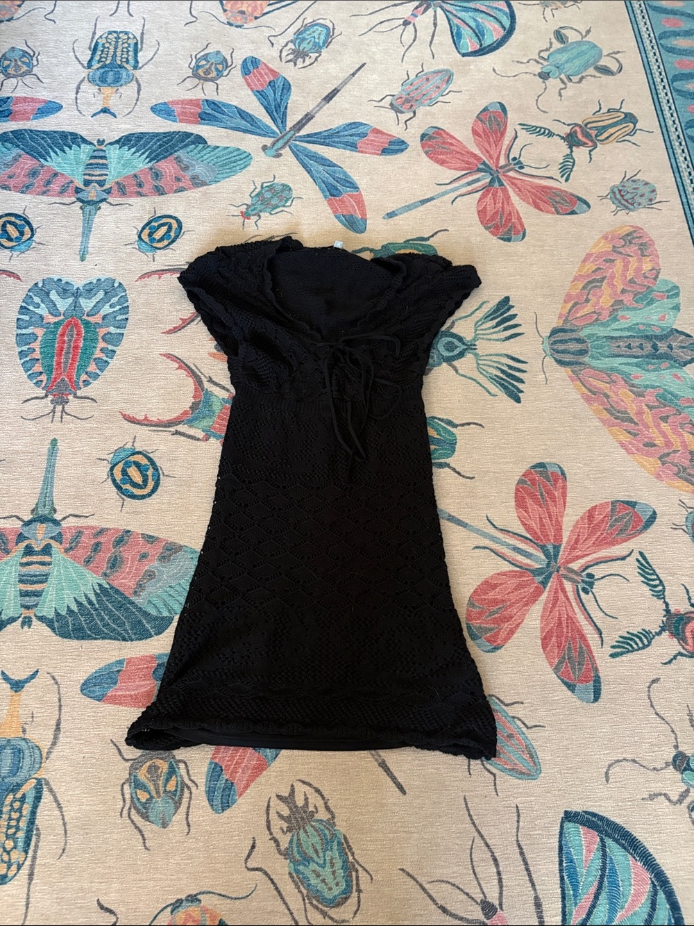 Guess Black Crochet Mini Dress with Scoop Neck - Womens